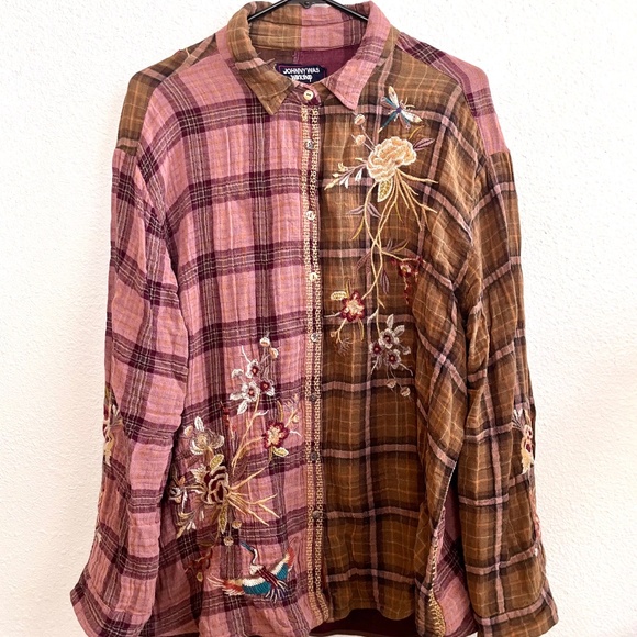 Johnny Was Pink and Brown Embroidered Plaid Top - Picture 1 of 7